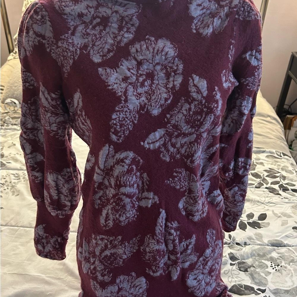 Free People Maroon and Blue Floral Turtleneck Sweater